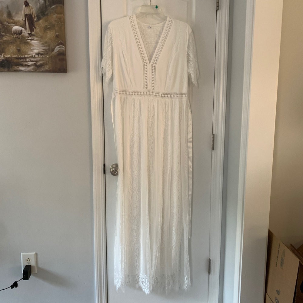 White Floral Lace V-Neck Maxi Dress Smocked Empire‎ Waist Boho Wedding Event XL